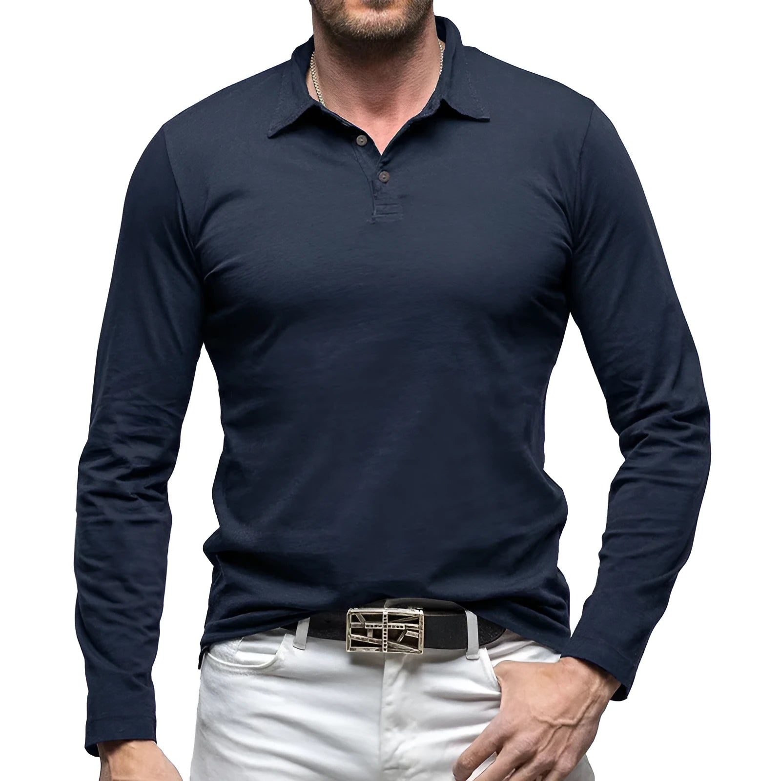 Men's dark grey polo collar long sleeve cotton T-shirt in American retro style laid flat