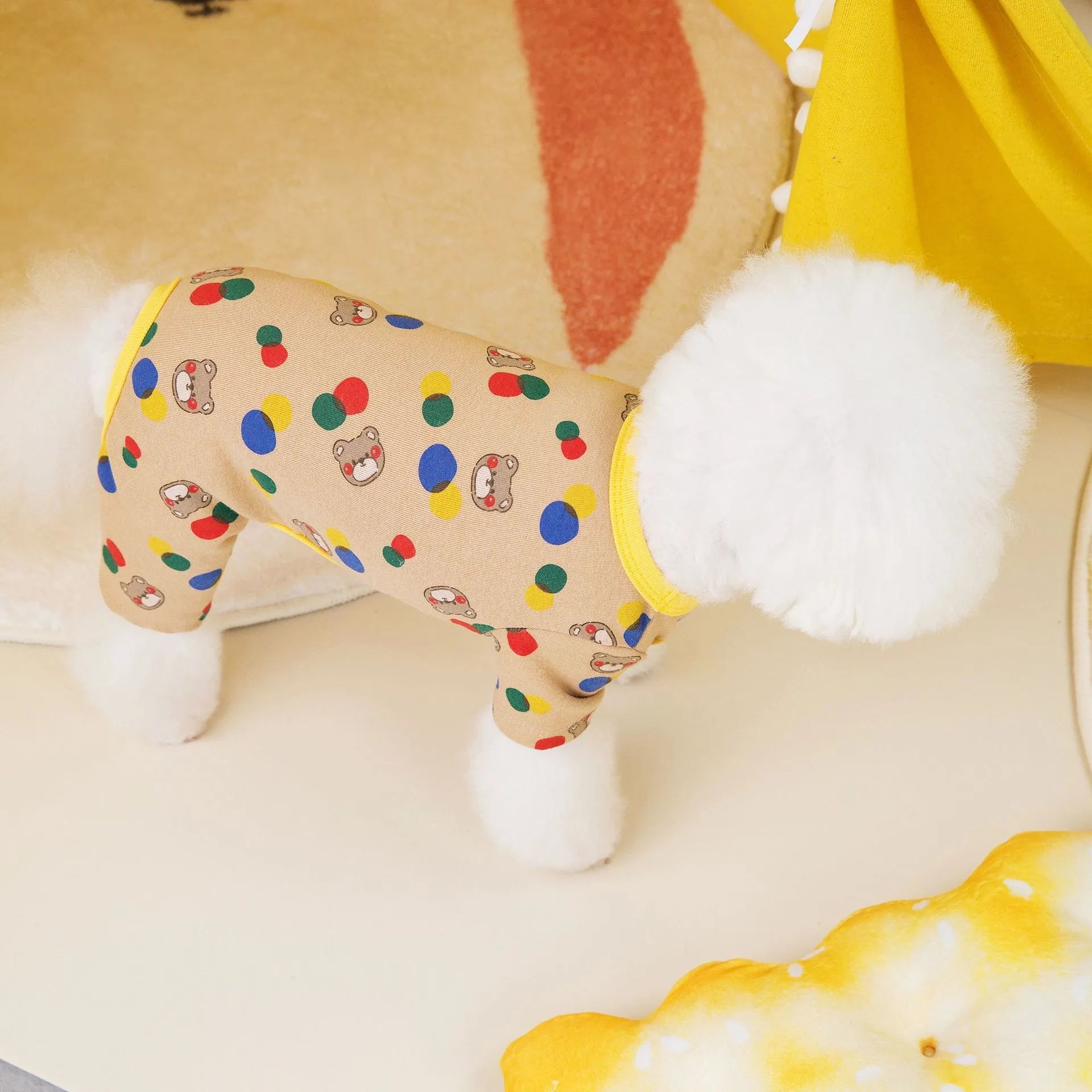 Beige dog clothing with colourful ball bear print, cotton spandex casual pet clothes