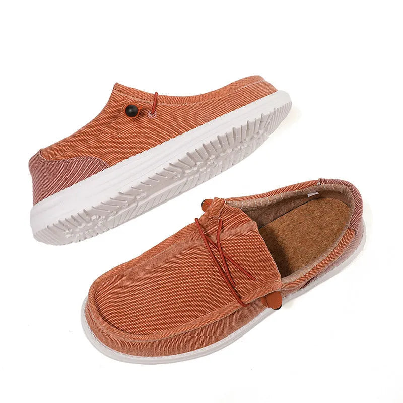 Men's green and orange canvas casual shoes with round toe and decorative mosaic detailing