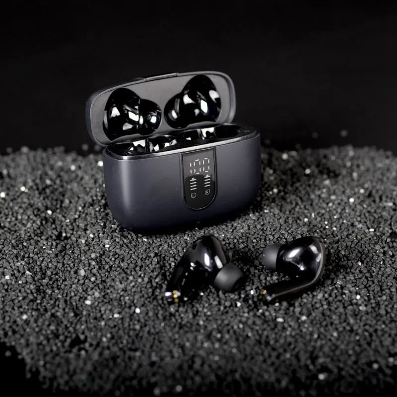 Jerry X08 wireless in-ear headphones with digital display and charging case in black, grey, or white.
