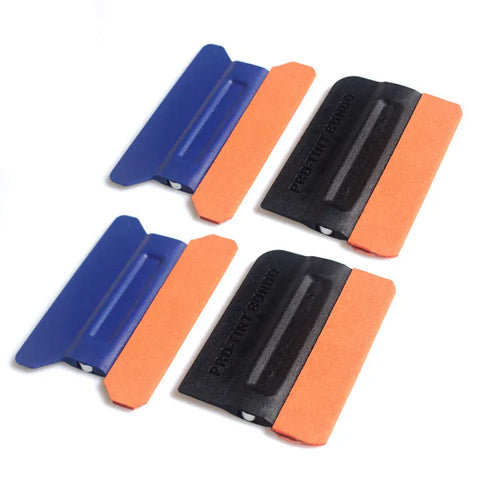Car vinyl wrap scraper tool with black ABS plastic handle and interchangeable blue deerskin scraping pad.