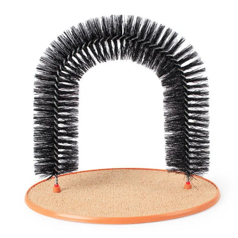 White plastic arched cat grooming station with built-in brush bristles for scratching.