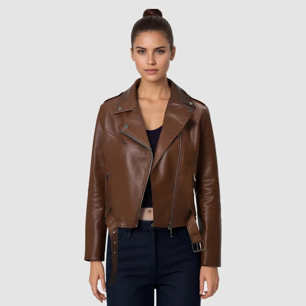 Women's black PU leather motorcycle jacket with lapel belt, on a hanger.
