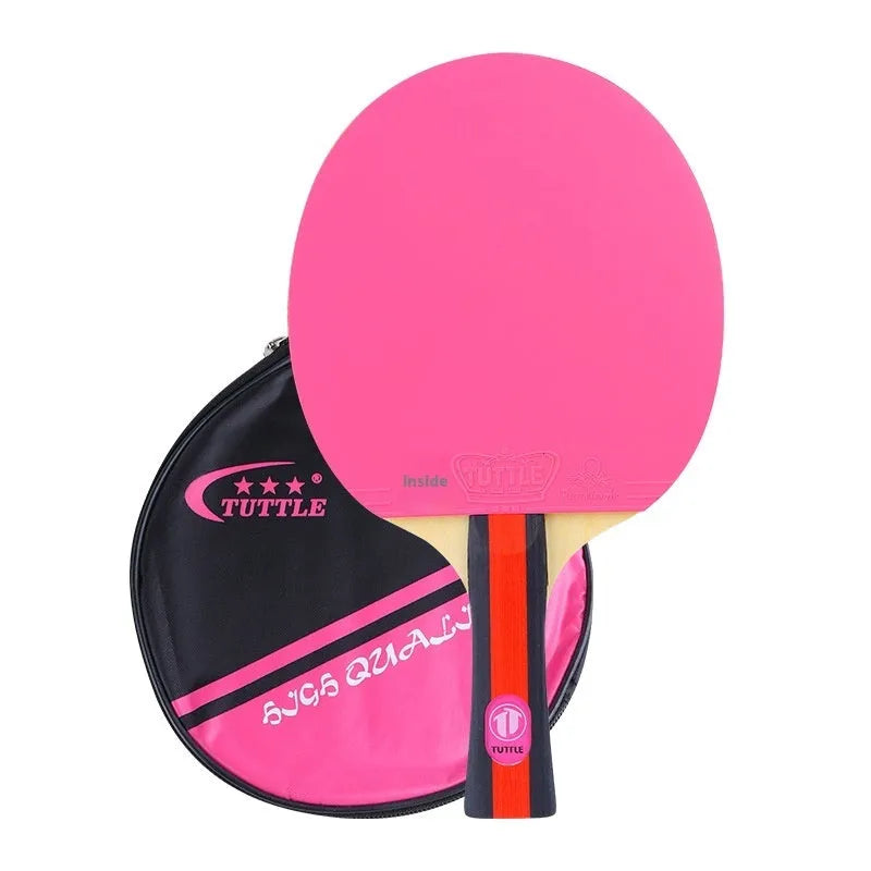 Pink, blue, and green table tennis rackets with long shakehand grips and matching protective cover bags.