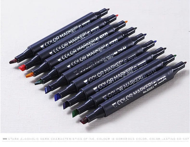 Set of double-headed alcohol oily colour markers with round and inclined nibs for professional art and design work.