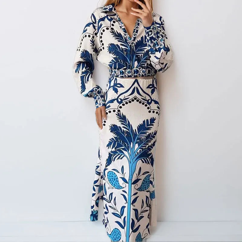 Women's casual two-piece fashion set with long sleeve top and ankle-length skirt in picture colour