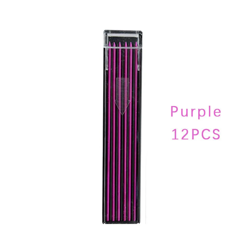 Boxed pencil refill with 12 erasable mechanical pencil replacement leads in rainbow colours for drawing and painting