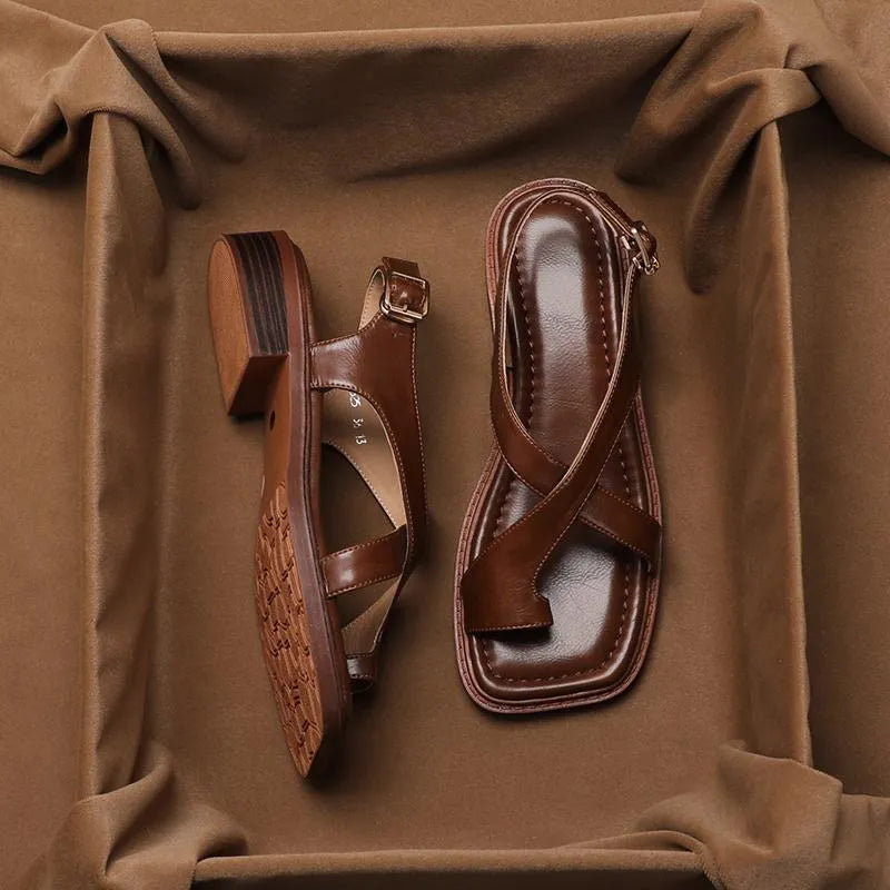 French retro brown toe ring sandals with ankle-strap buckle and square toe