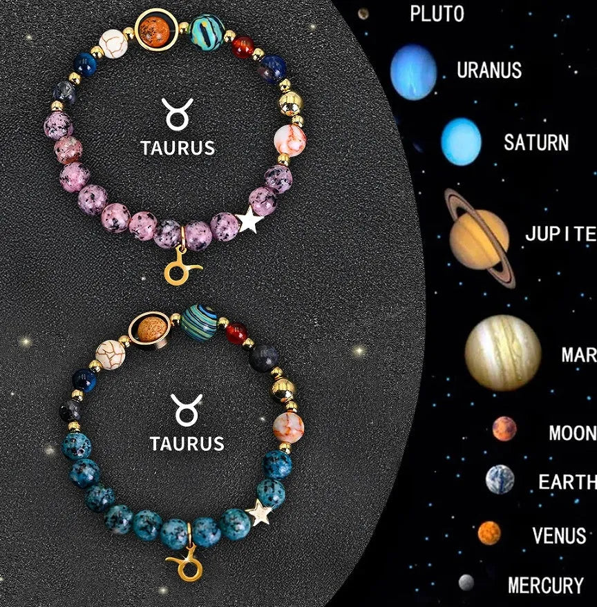 Two natural stone beaded bracelets with zodiac charms on a table.