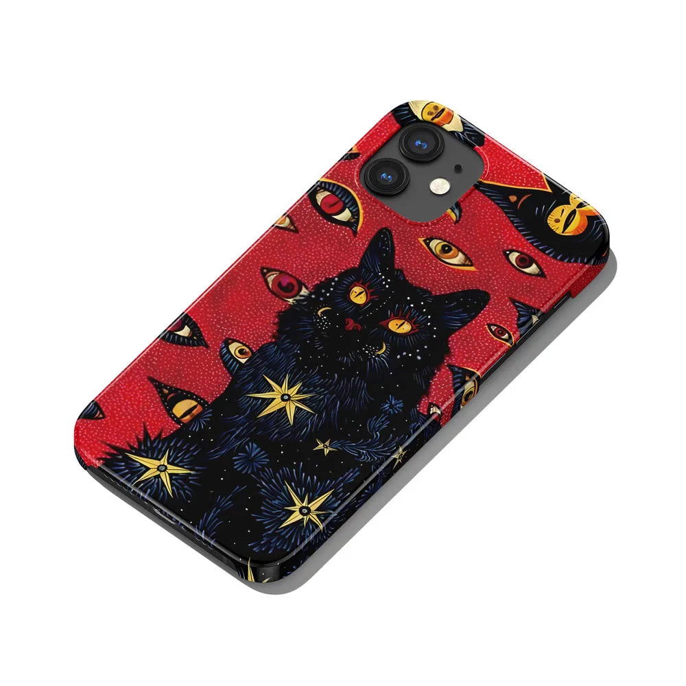 Retro cat eye design hard shell phone case for IPhone on a table, showing frosted and glossy finish options.