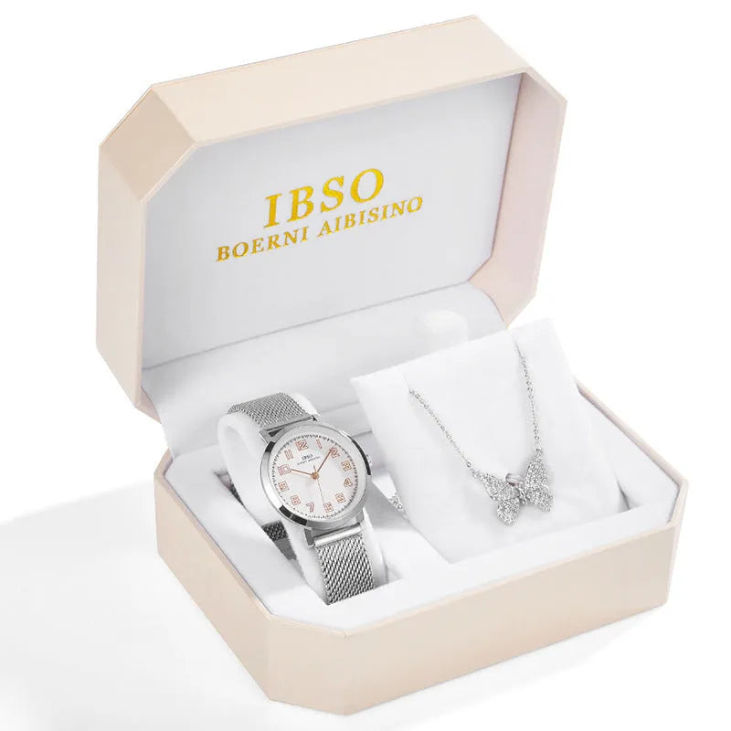 Rhinestone butterfly necklace quartz watch with round dial, alloy strap, and pin buckle