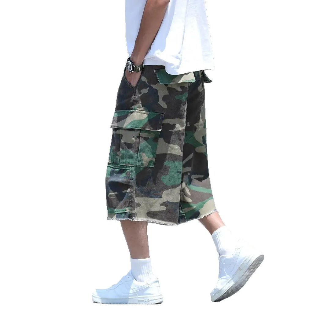 American retro workwear camouflage shorts with polyurethane trim in loose-fit cropped design
