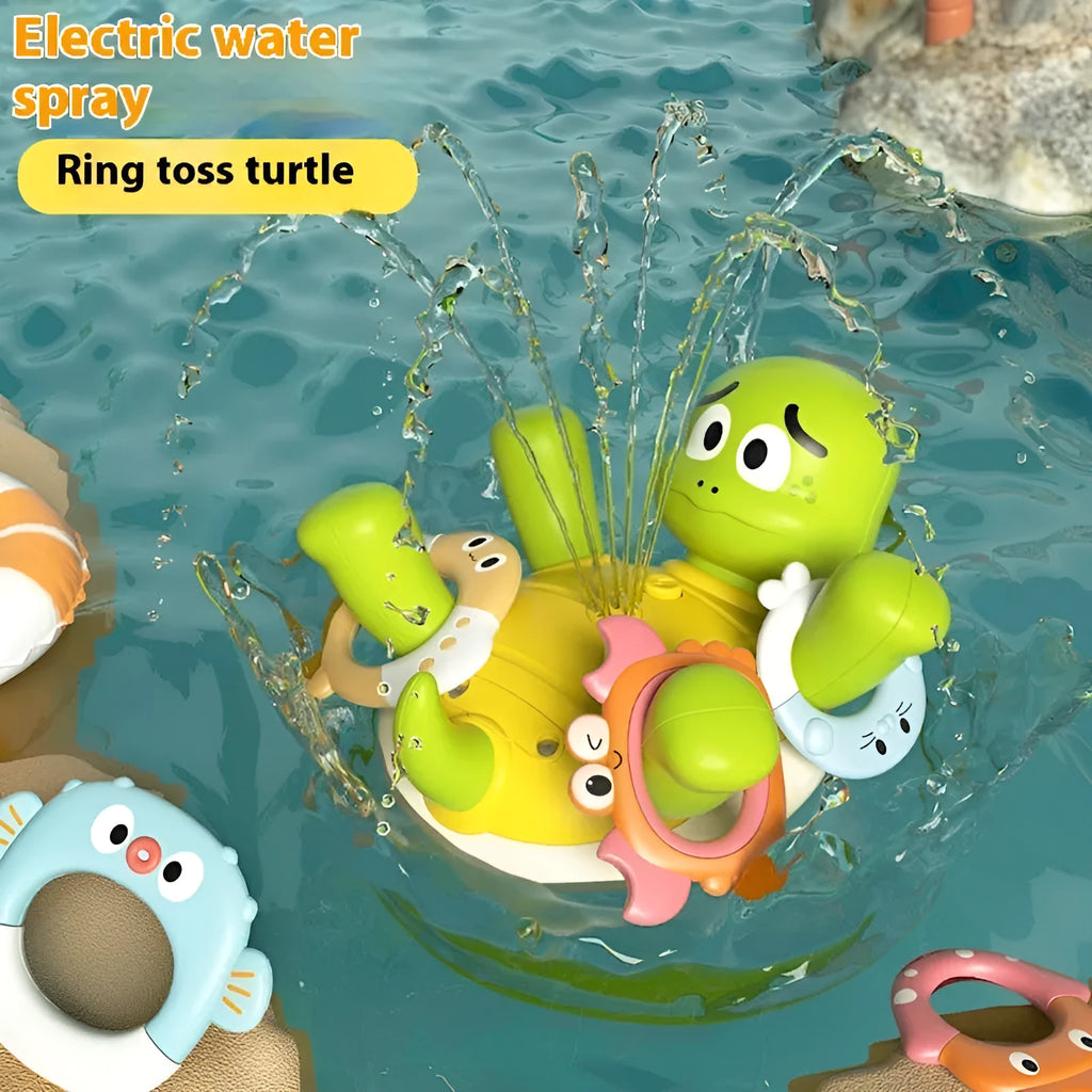 Electric water spray rotating turtle toy, 13.3cm, rechargeable, floating plastic bath and pool toy in colour box packaging