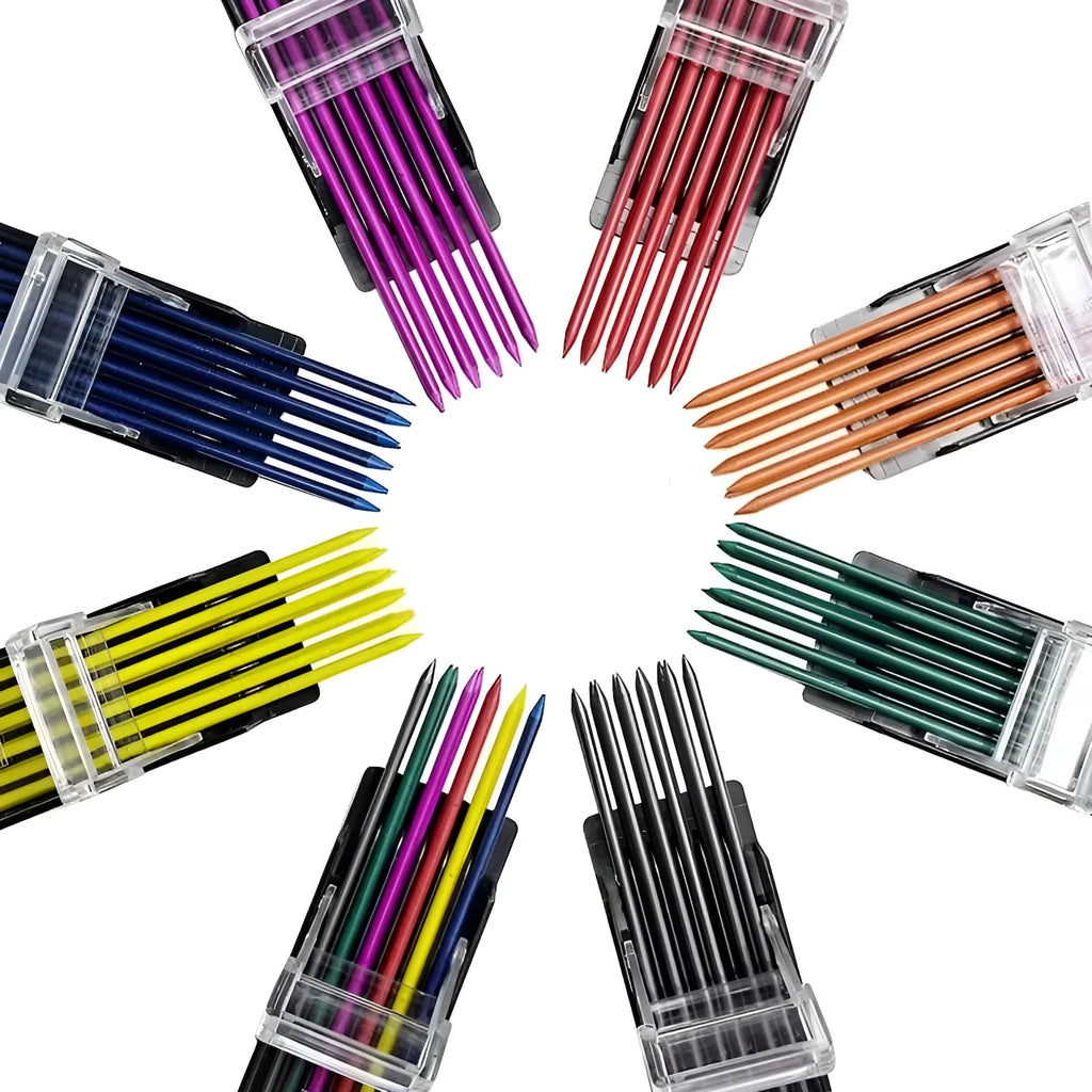 Boxed pencil refill with 12 erasable mechanical pencil replacement leads in rainbow colours for drawing and painting