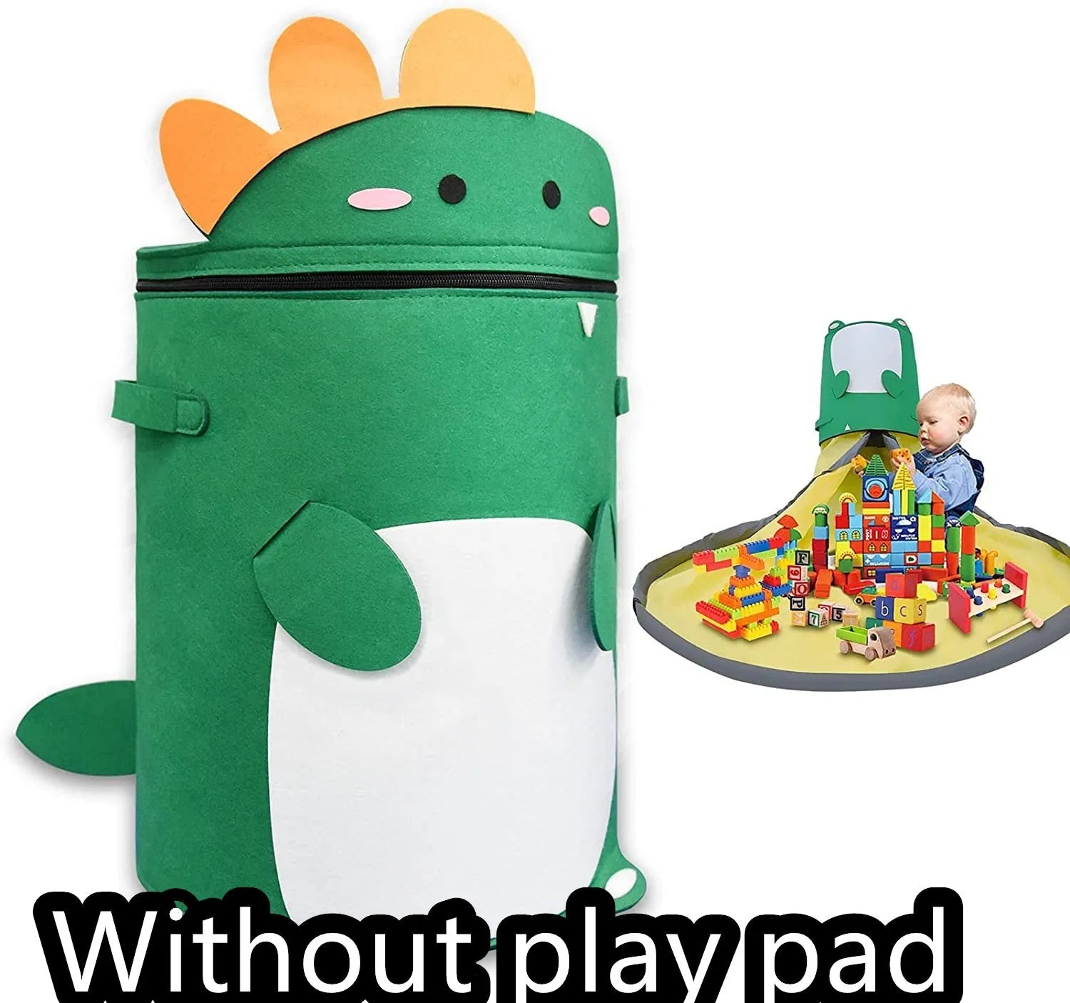 Green felt cube storage bag with pull rope closure shown as toy play mat