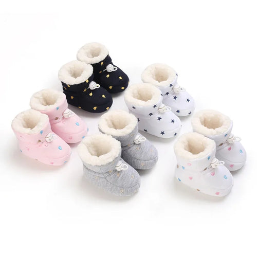 Thickened cotton baby shoes for autumn winter with non-slip sole and elastic band in black white, dark blue, gray, and pink