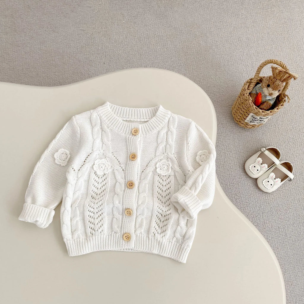 Beige baby girl hand crocheted flowers twist knit pure cotton jacket with long sleeves