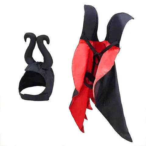Halloween costume on a pet showing a red bat cloak and pointed devil hat.
