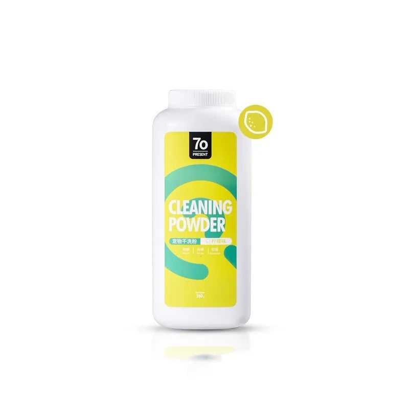 Dog pet dry cleaning powder 260g in packaging showing rose, Seville orange, and menthol flavours