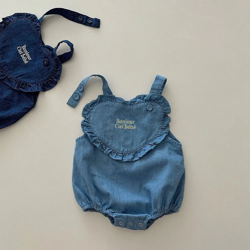 Newborn pure cotton denim triangle romper jumpsuit in dark blue and light blue, sleeveless pullover style, sizes 66-100cm