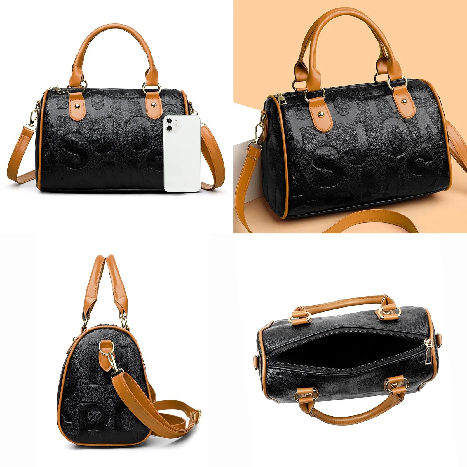 Brown cylindrical PU crossbody bag with a leather-like texture and three shoulder straps.