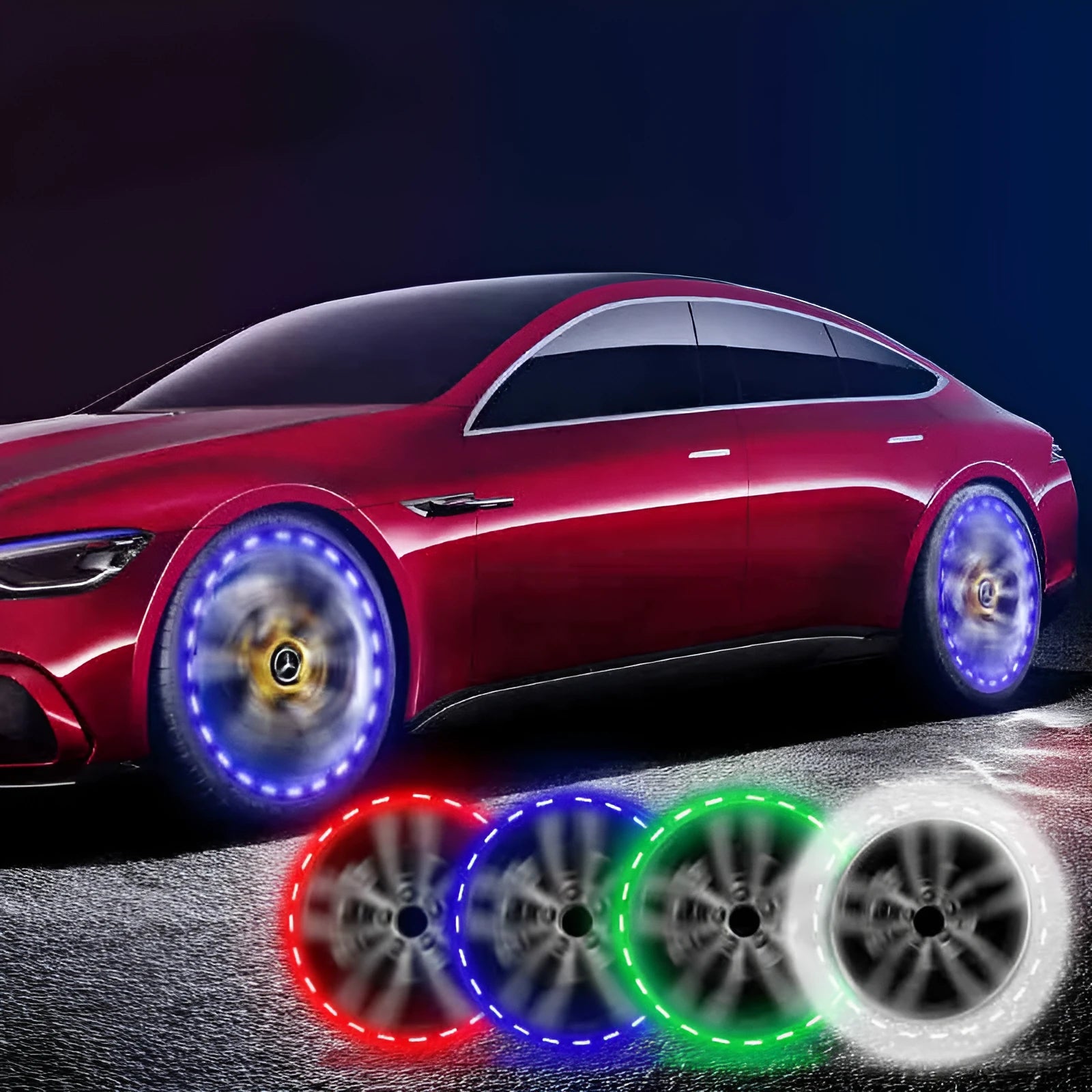 Colourful solar-powered LED valve lights for vehicle wheel hubs with 15 flash modes