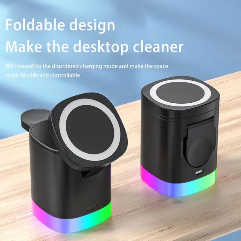 Black foldable 3-in-1 magnetic wireless charging station showing phone, watch and earbuds charging with RGB light on.