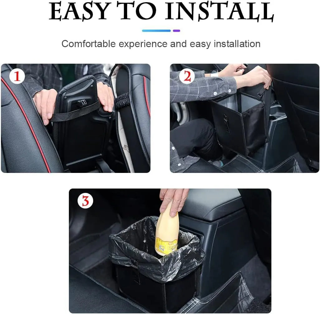 Black car folding trash can made from waterproof Oxford cloth, shown hanging