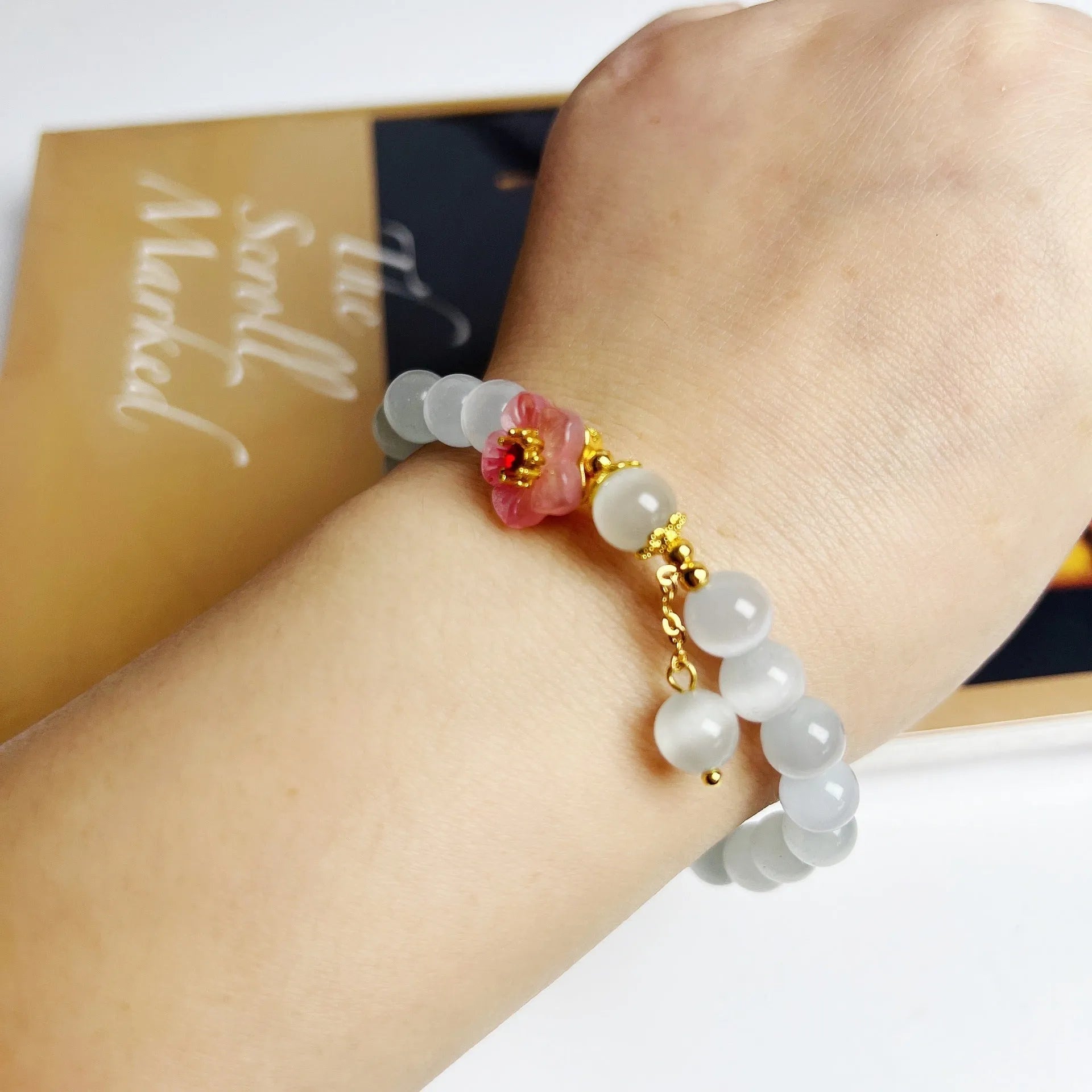 White opal flower beaded bracelet Chinese style with glass and coloured glaze beads