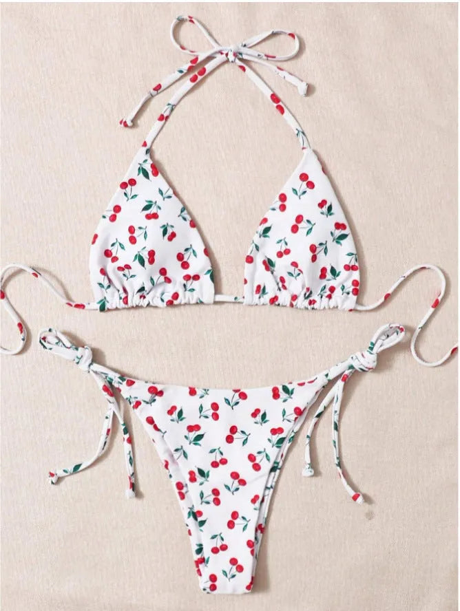 Split halter bikini swimsuit with backless design and adjustable halter neck in solid colour