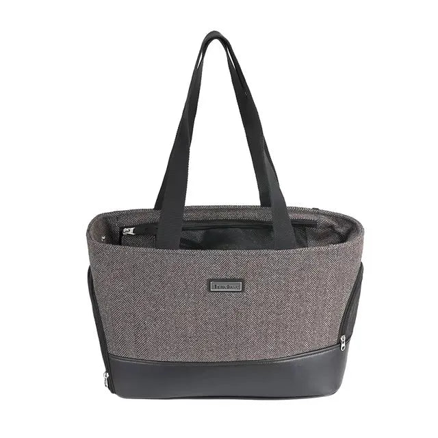 Breathable capsule-style pet backpack measuring 42cm long in beige brown colour