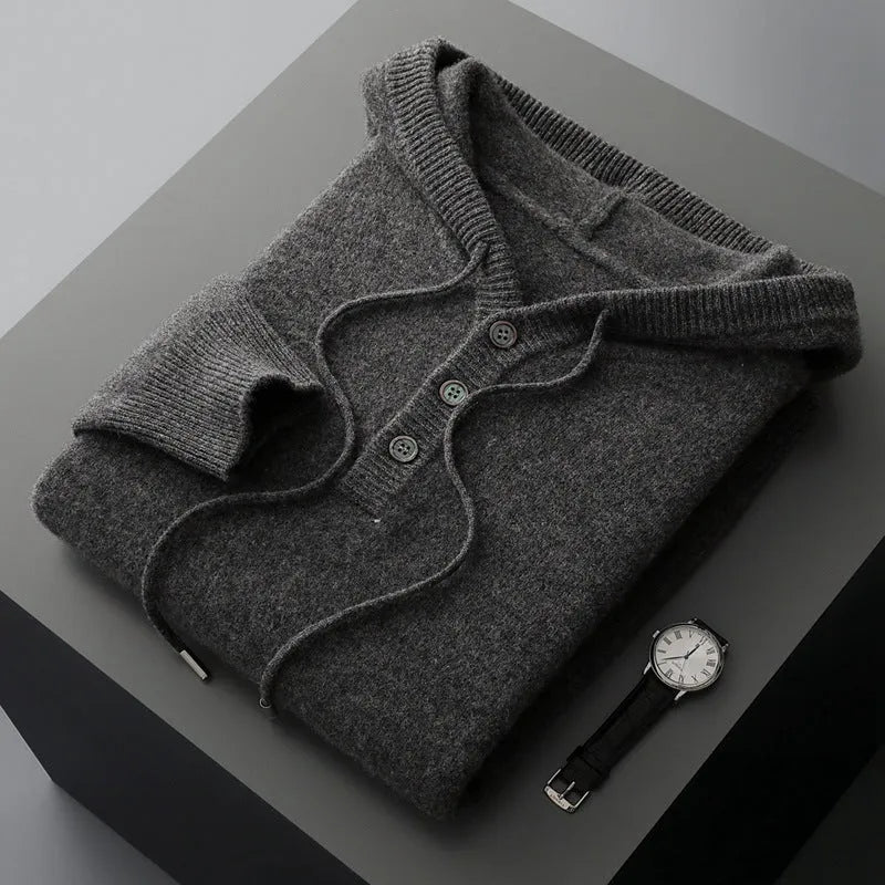 Men's American-style warm button hoodie sweater pullover in light camel, loose fit, standard wool yarn