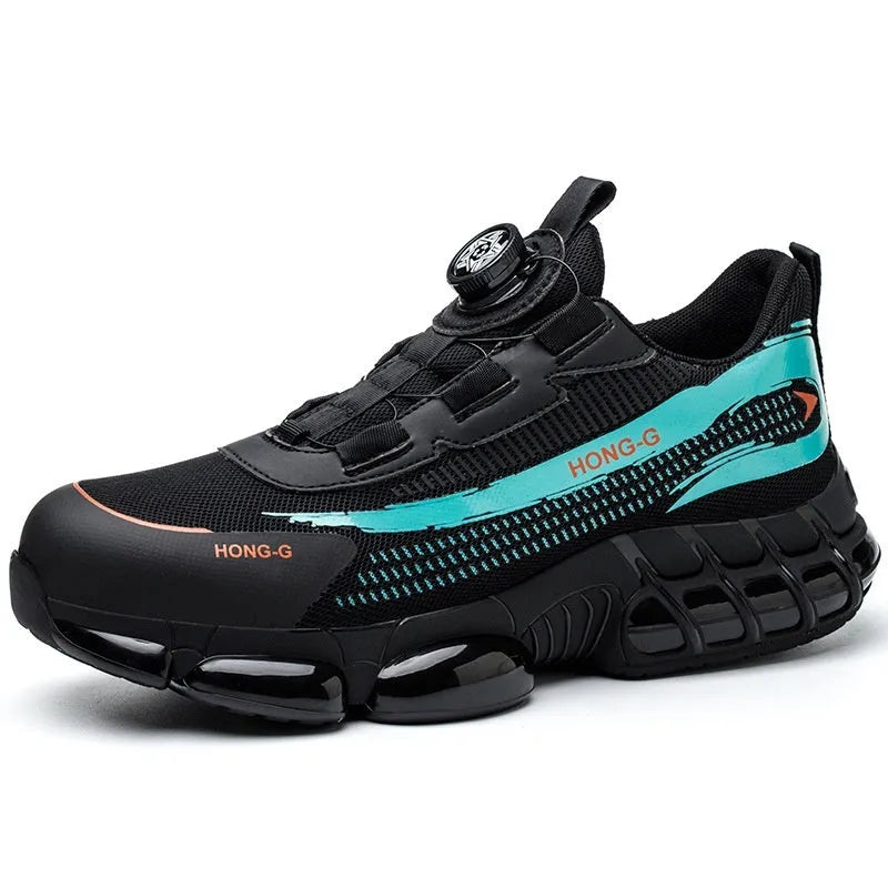 Men's lightweight black safety work shoes with steel toe cap and lace-up front.
