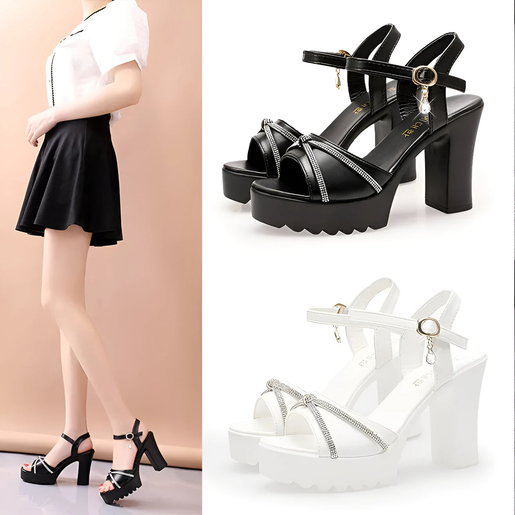 Women's black and white high heel sandals for summer, available in sizes 35 to 42.