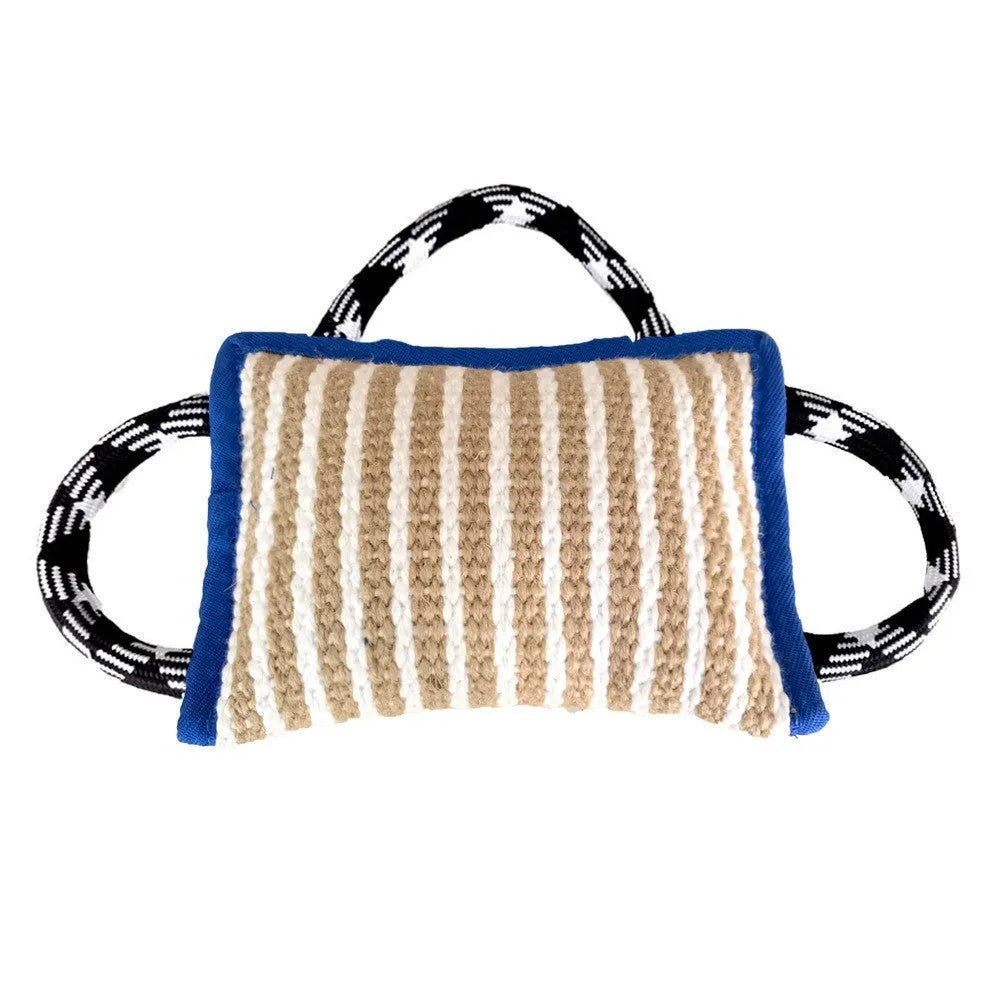 Jute dog tug toy with three rope handles showing 26 cm bite pillow for medium large dogs