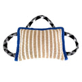 Jute dog tug toy with three rope handles showing 26 cm bite pillow for medium large dogs