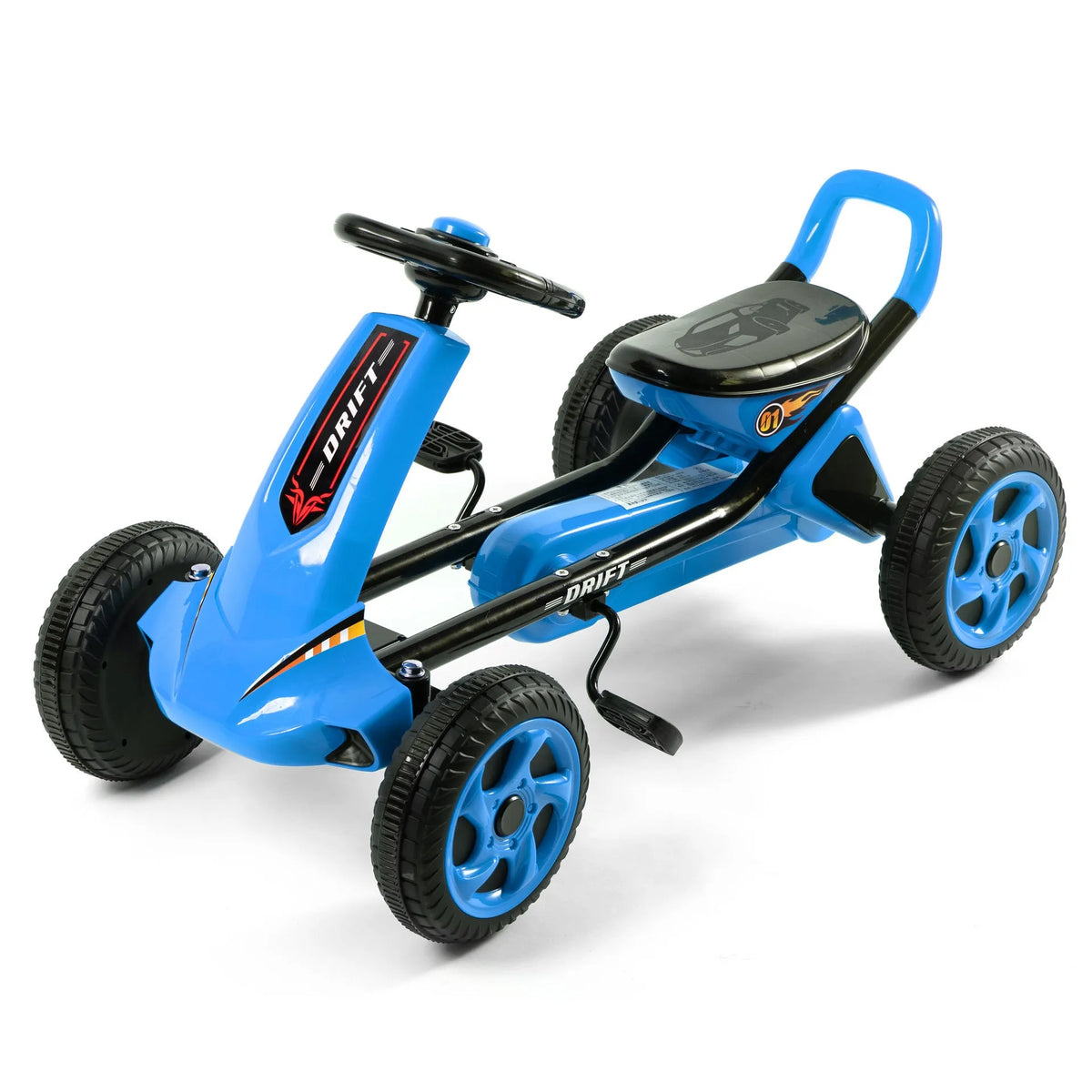 Red metal children's pedal karting four-wheel bike on outdoor surface