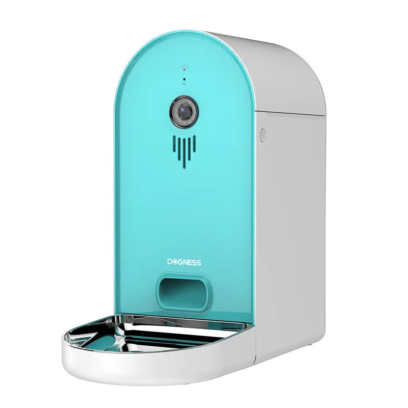 Smart pet feeder in plastic construction with automatic feeding and remote monitoring, available in multiple colours