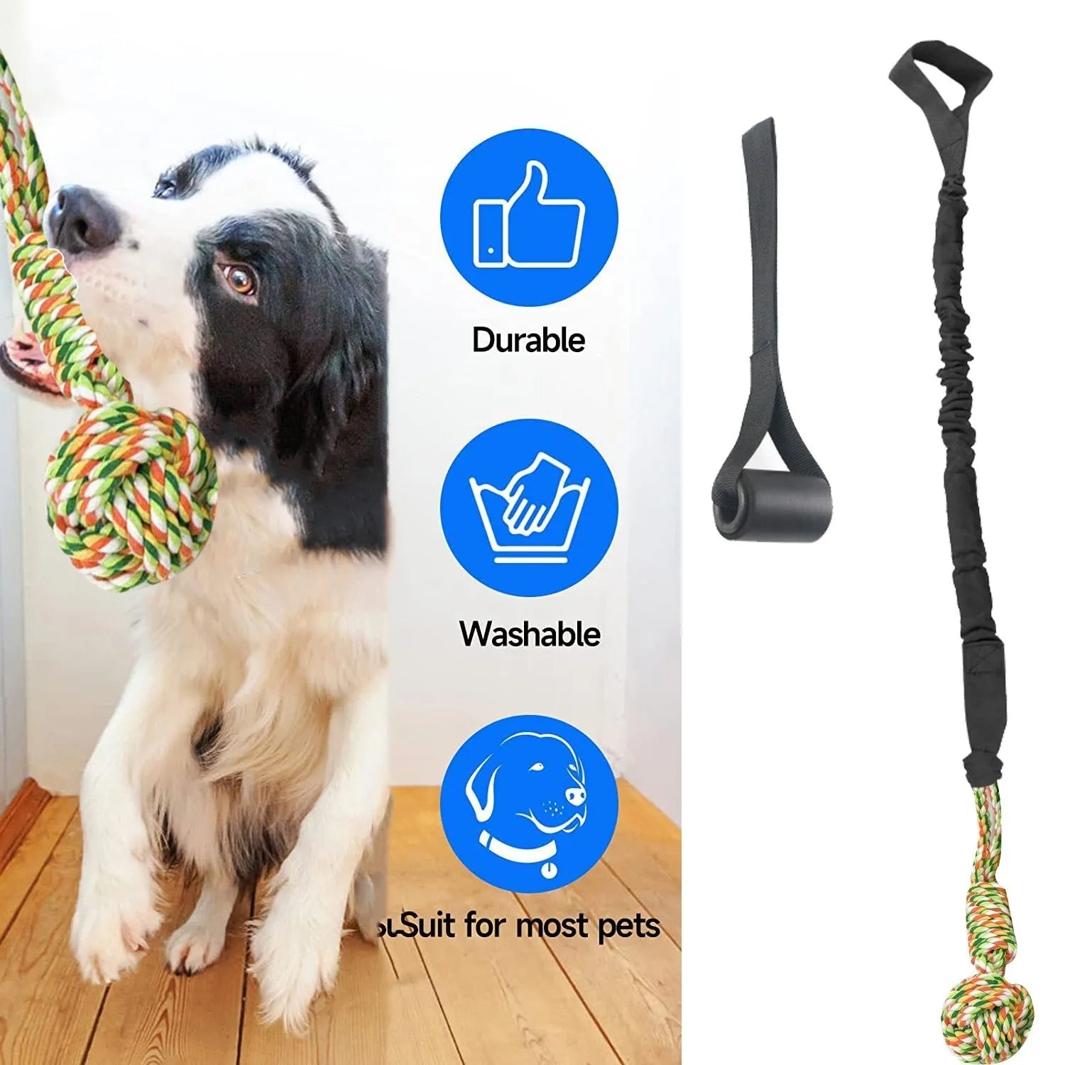 Twisted cotton rope dog toy in black, grey, or red colours for tug of war and chewing