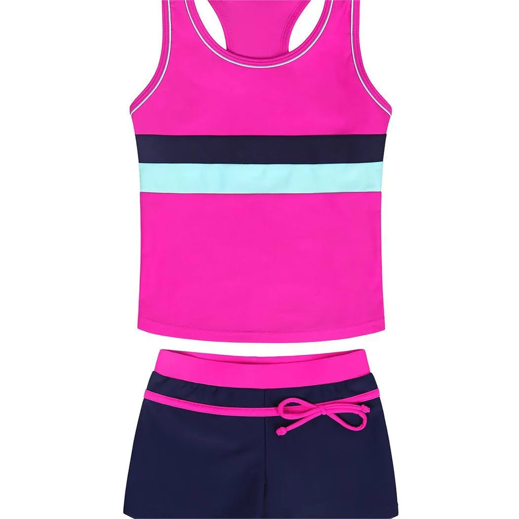 Girls two-piece split boxer swimsuit with chest pad in blue, hot pink, watermelon red, sizes M to 4XL