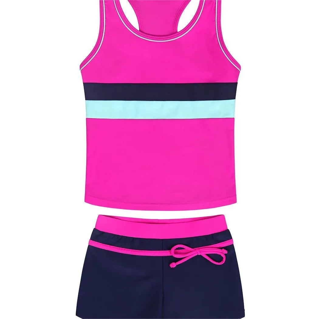 Girls two-piece split boxer swimsuit with chest pad in blue, hot pink, watermelon red, sizes M to 4XL