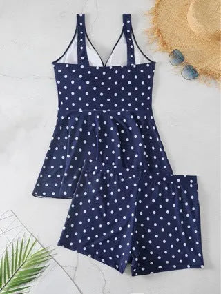 Women's blue polka dot print plus size bikini set with brief shorts