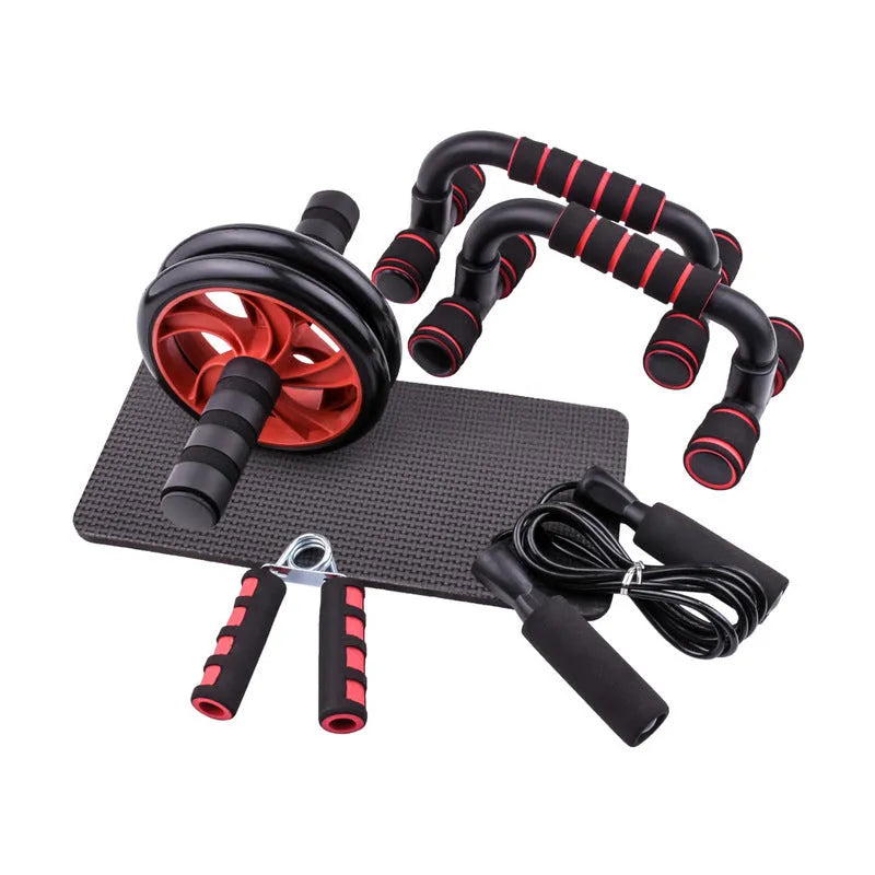 Plastic abdominal wheel set with kneeler mat bracket handle and skipping rope in glossy black