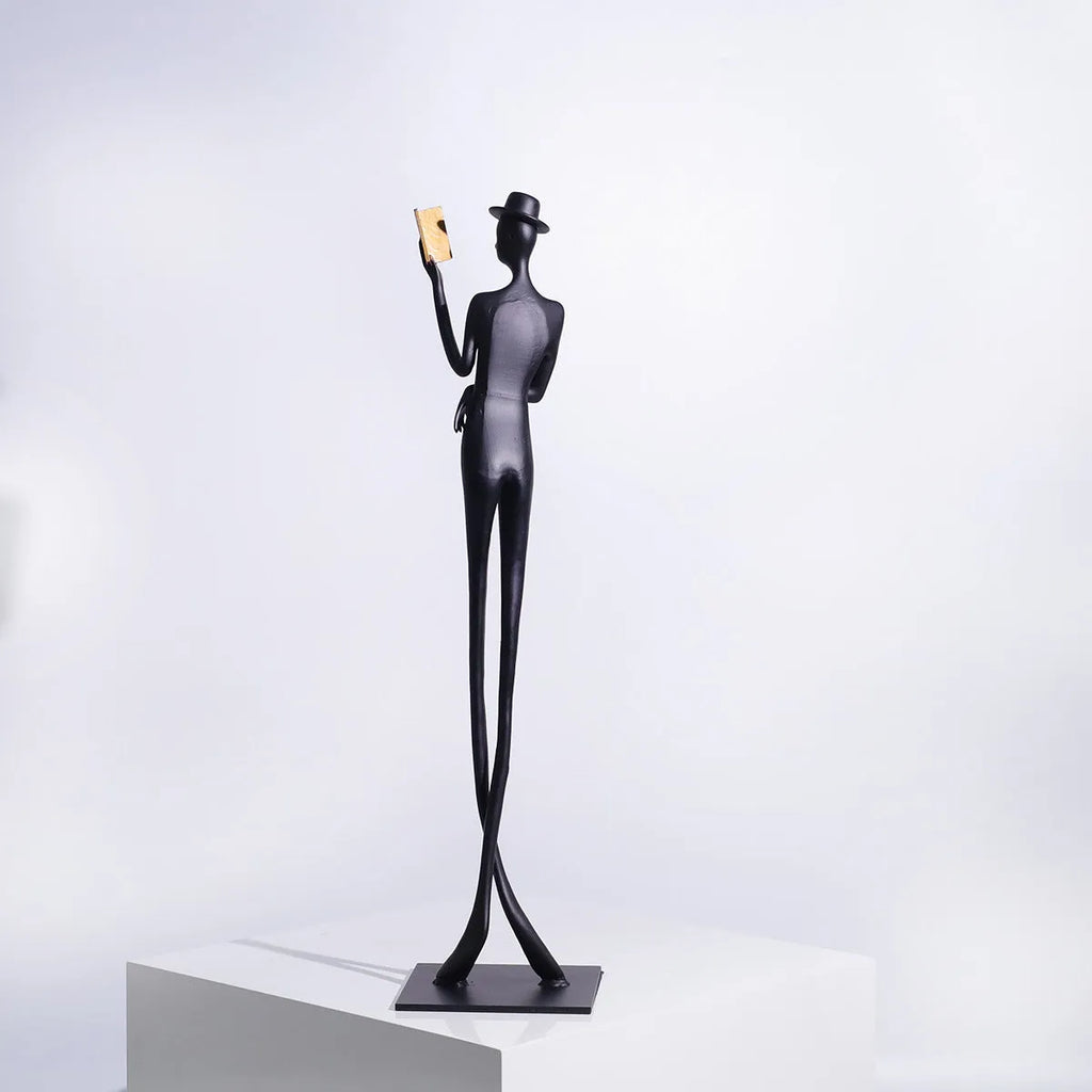 Black metallic reading woman aluminium desktop sculpture 51cm tall modern decor