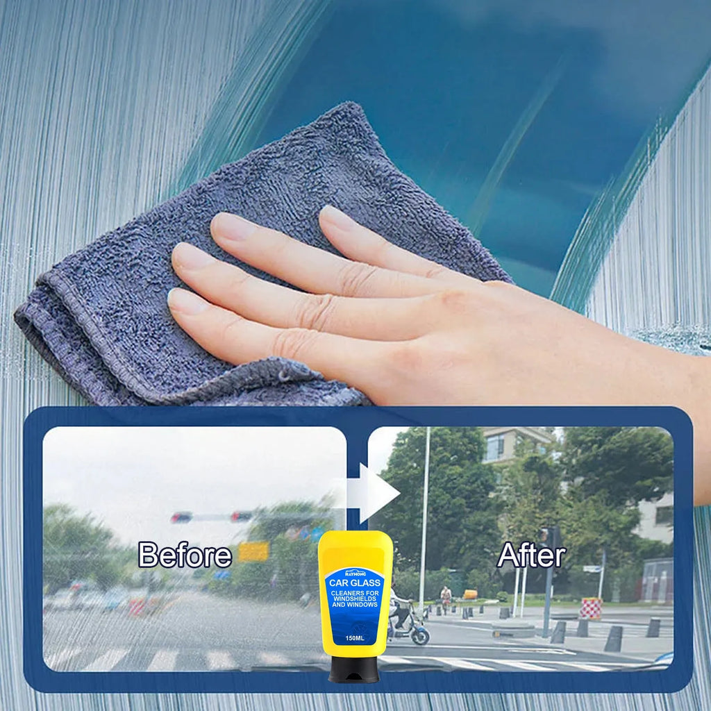 Car windscreen detergent defogging kit showing 150ml bottle, sponge, and microfibre cloth for automotive glass cleaning