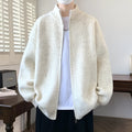 Men's casual stand collar cardigan sweater in beige, Vinylon fabric, loose fit, Asian sizing