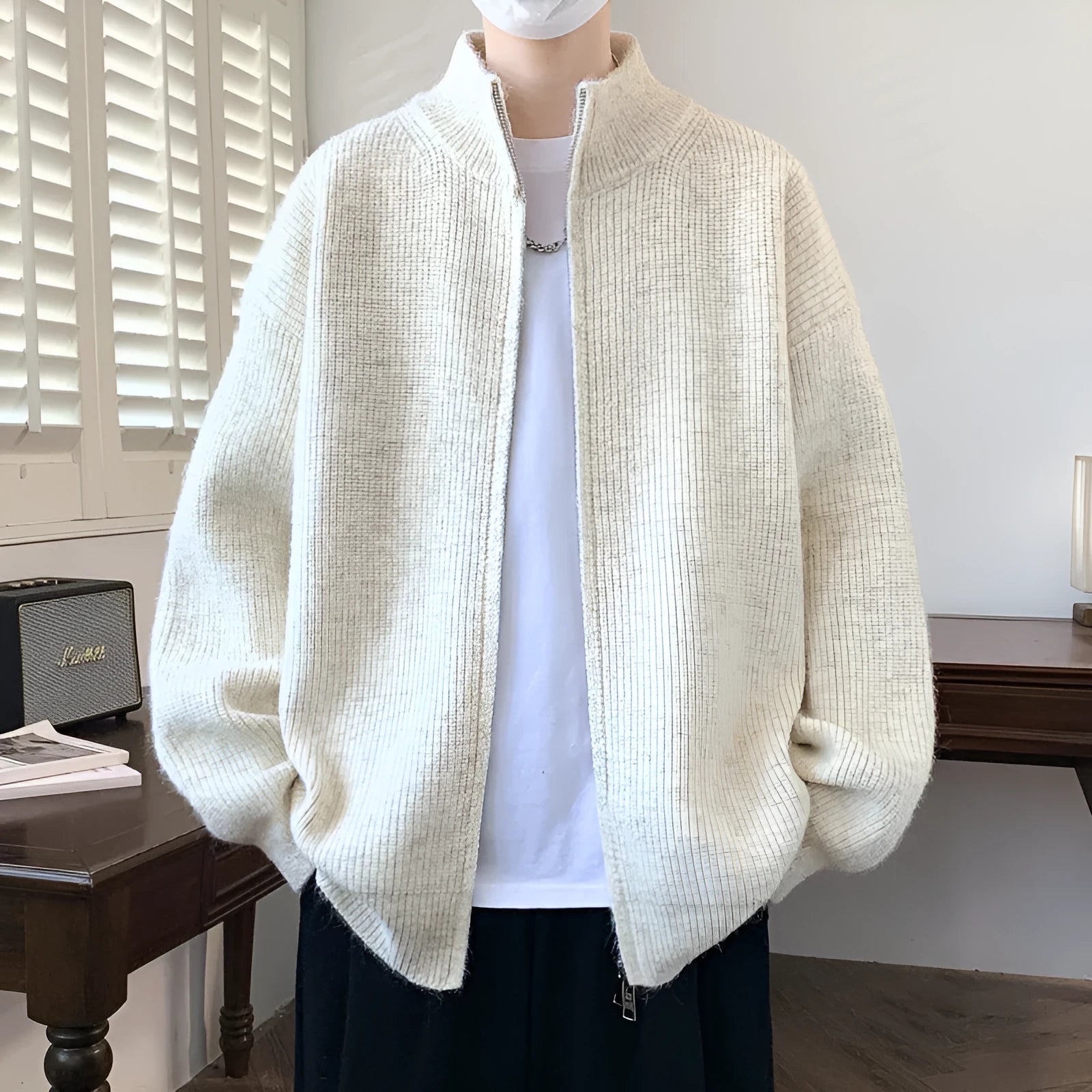 Men's casual stand collar cardigan sweater in beige, Vinylon fabric, loose fit, Asian sizing