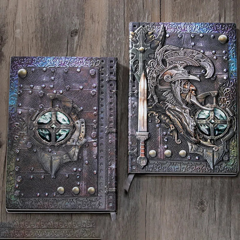 Creative retro A5 leather notebook with 3D warriors relief embossed cover, shown open on durable paper pages.