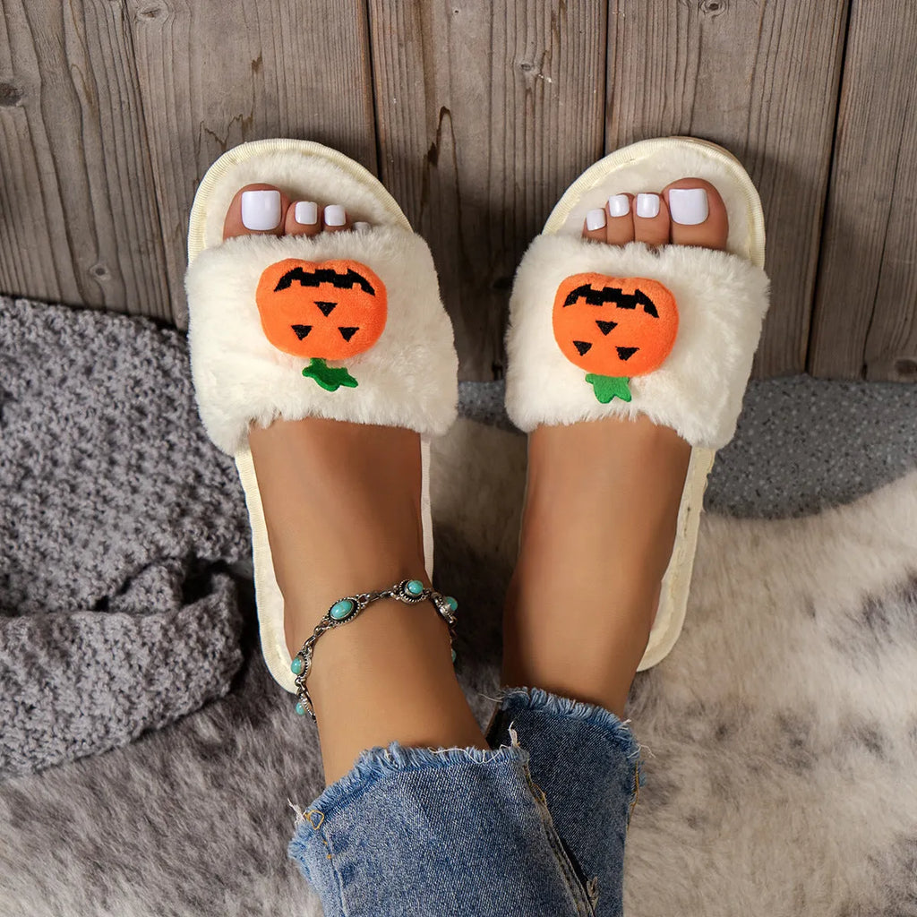 Women's Halloween pumpkin design open toe slippers in white with synthetic fur and PVC anti-slip soles