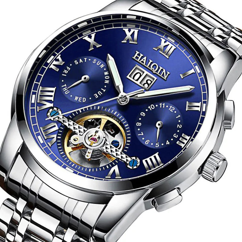 Men's waterproof luminous hollow tourbillon automatic mechanical watch with stainless steel strap and 42mm case